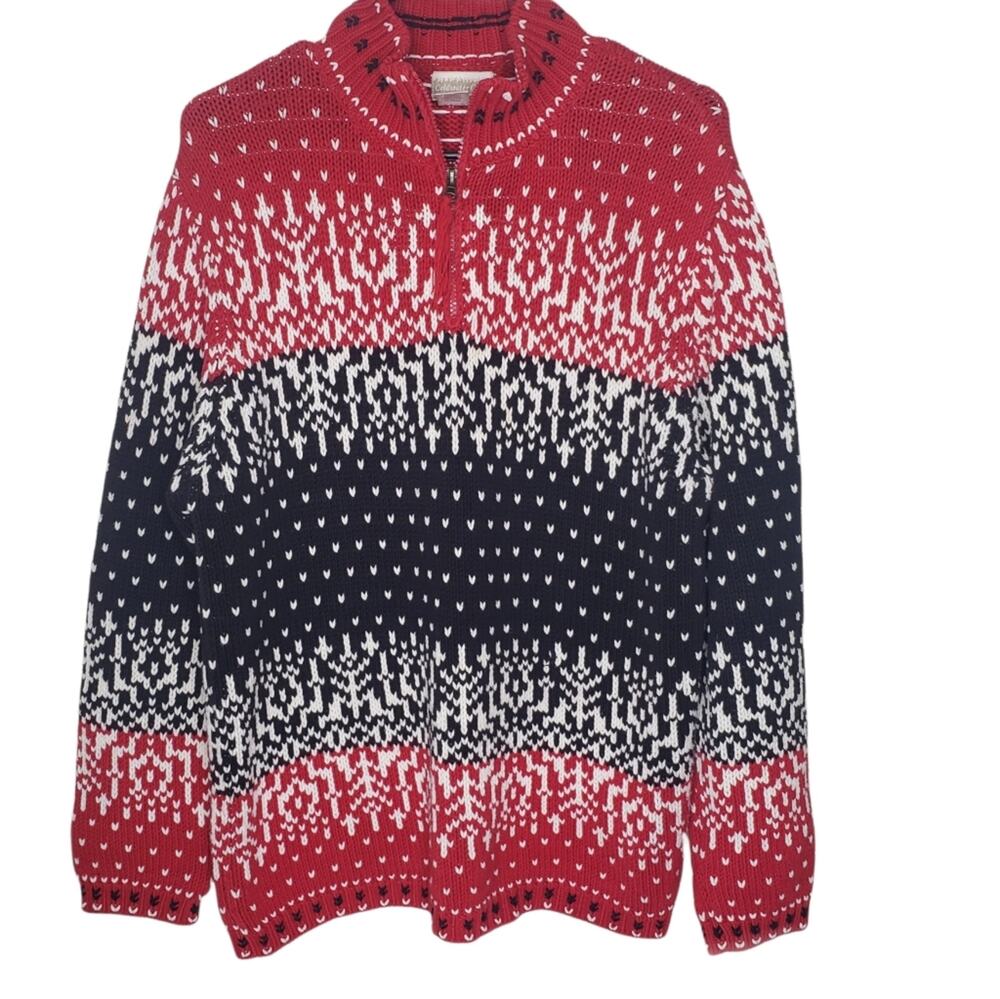 Coldwater Creek red black white intarsia knitted 1/4 zip sweater size Large